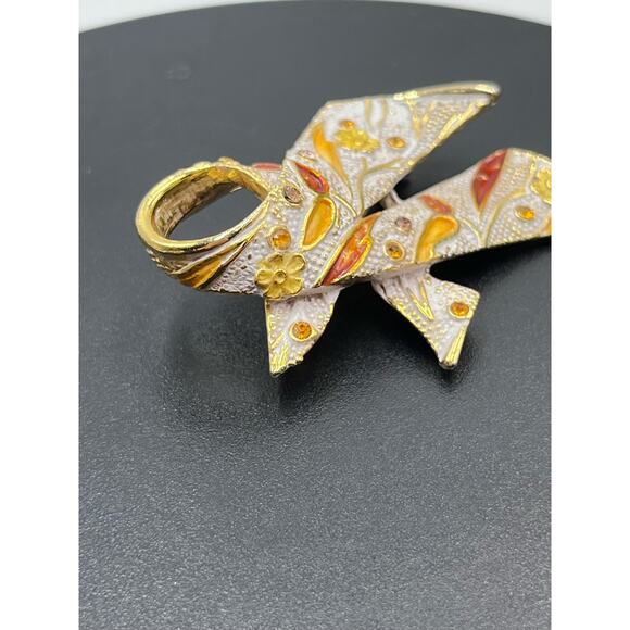 BSK Vintage Gold Tone Orange Yellow Enameled Flower Rhinestone Encrusted Brooch - Picture 6 of 13